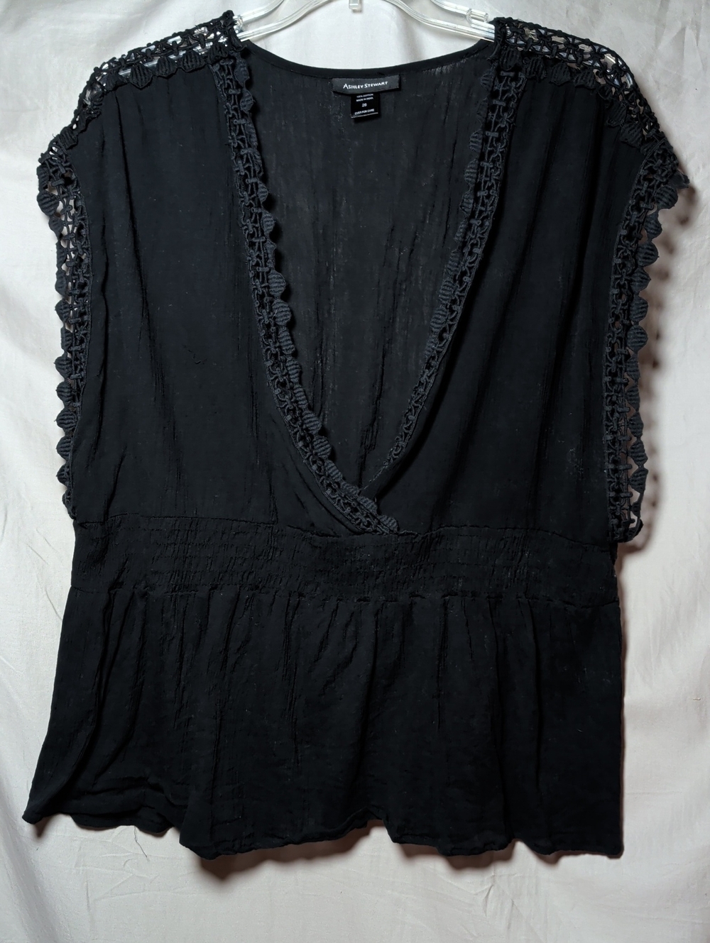 Ashley Stewart Black Crochet-Trim V-Neck Tunic Cotton Gauze Boho